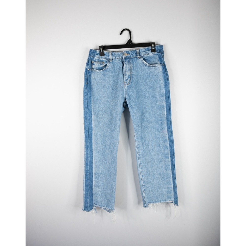 Momokrom Two Tone High Rise Raw Hem Cropped Straight Leg Jeans EU 40 Trendy Y2K